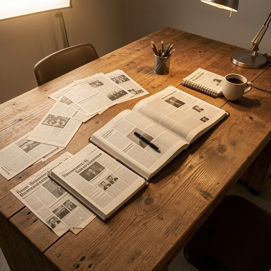 Sparse editorial workspace with blueprint drawings pinned to a wall, industrial desk lamp, open notebook and reference materials in studio lighting