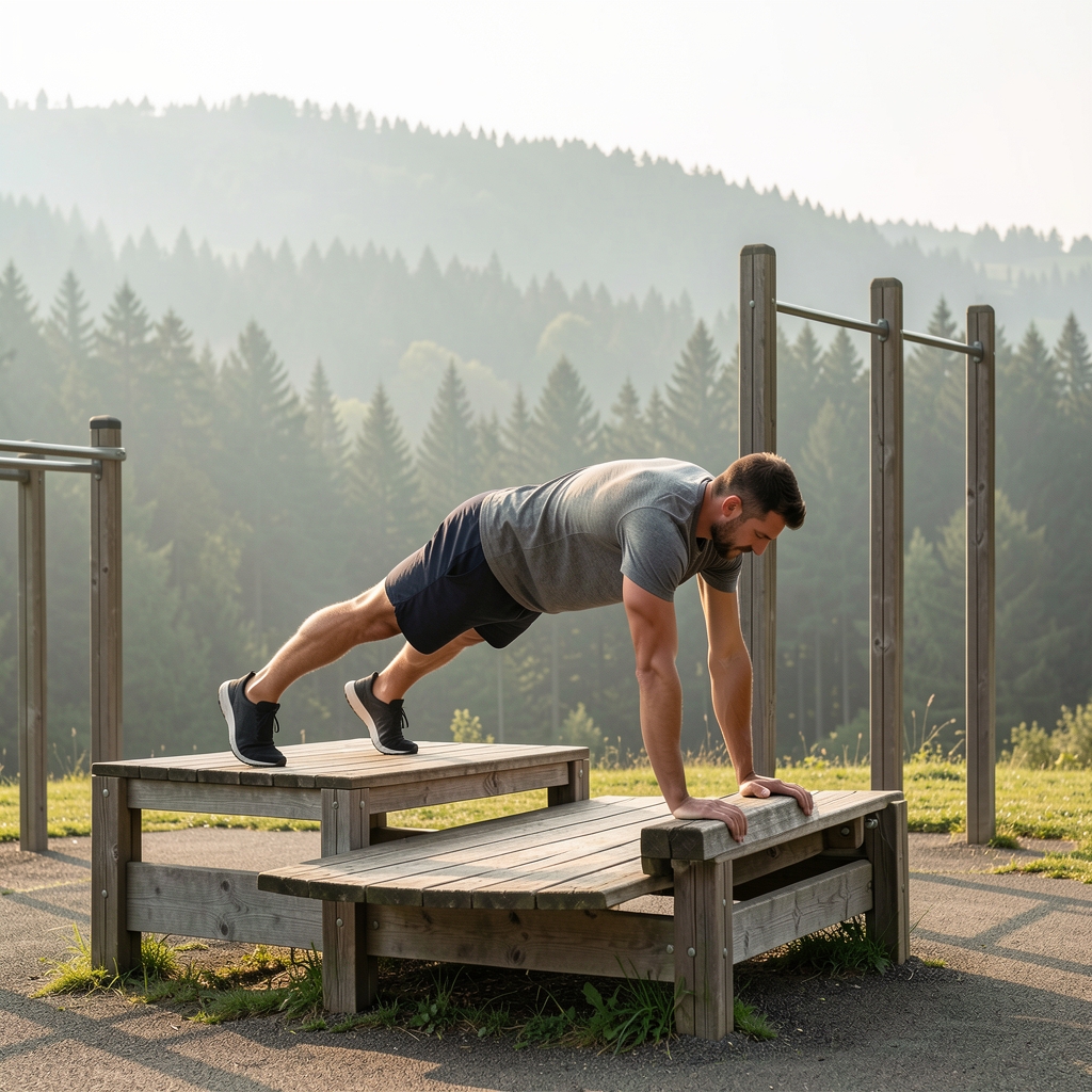 Man performing a controlled bodyweight exercise on a wooden park structure with forested hills visible in the background, morning haze