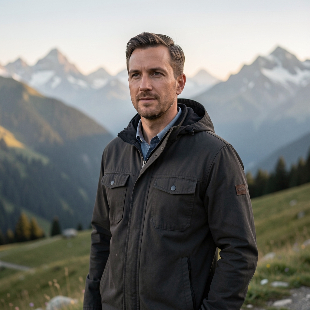 Man standing outdoors in early morning light against an alpine landscape, calm and composed posture reflecting personal focus