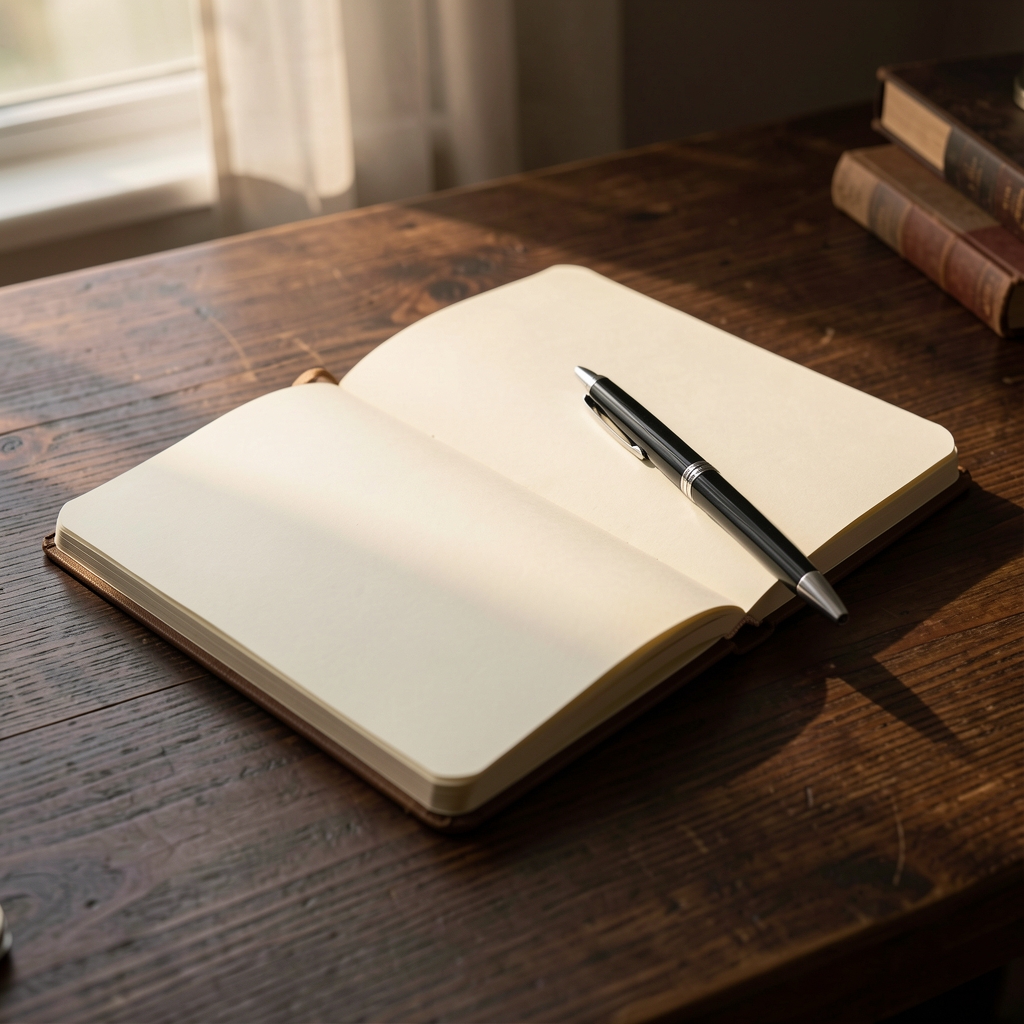 Notebook and pen on a dark wooden desk with morning light falling across the pages