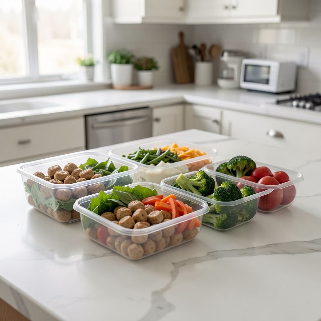 Meal prep containers with balanced, protein-rich foods arranged on a clean kitchen counter