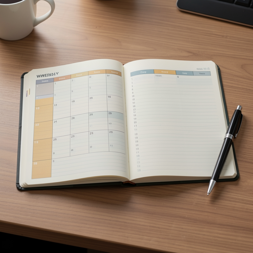Open planner on a desk with structured weekly schedule visible, pen resting beside it